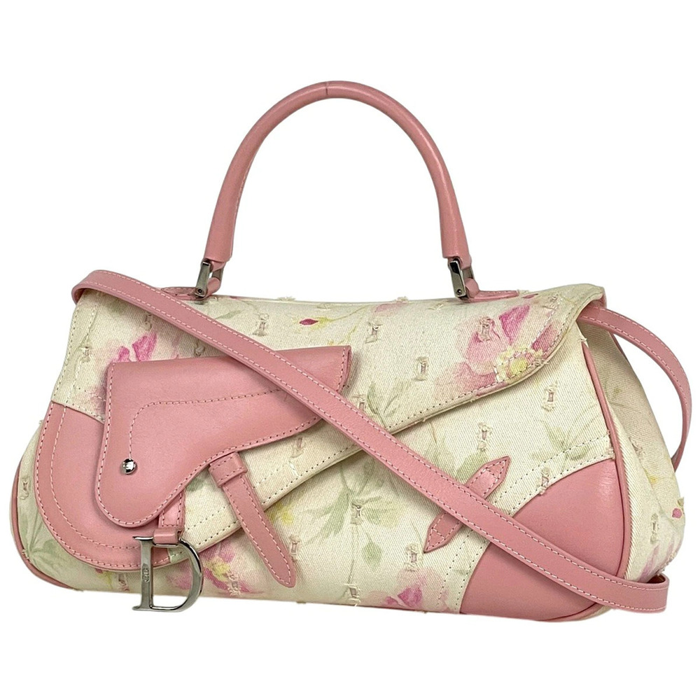 Christian Dior Floral Saddle Bag Shoulder Handbag Canvas Pink White